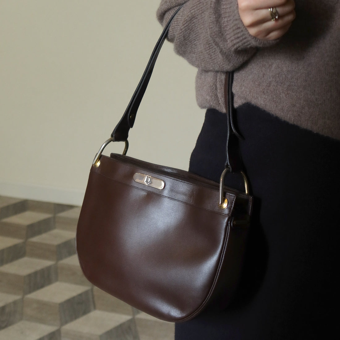 Christian Dior Vintage Classic Brown Leather Half Moon 2way Shoulder Bag