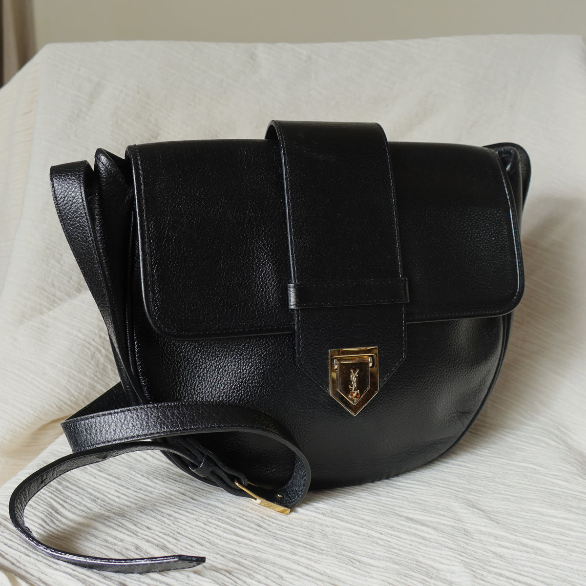 YSL Vintage Black Leather Gold Buckle Round Shoulder Flap Bag