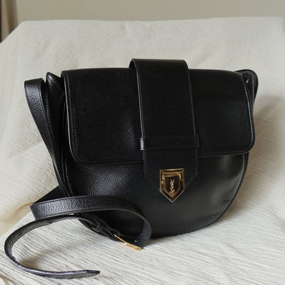 YSL Vintage Black Leather Gold Buckle Round Shoulder Flap Bag