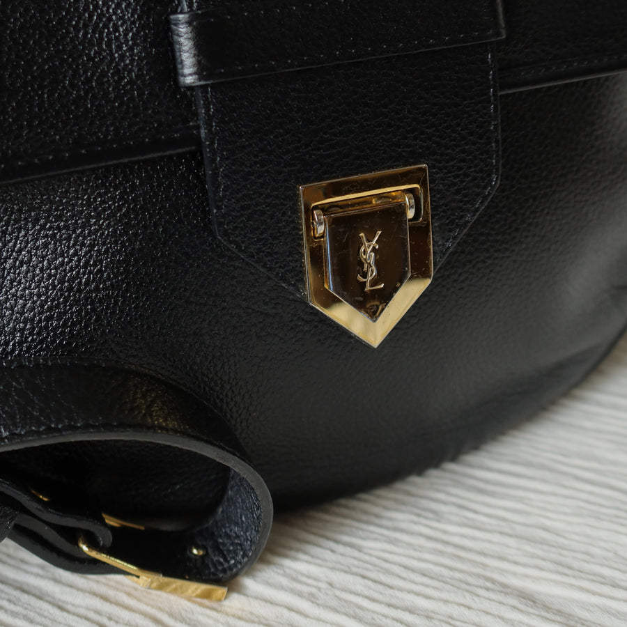 YSL Vintage Black Leather Gold Buckle Round Shoulder Flap Bag