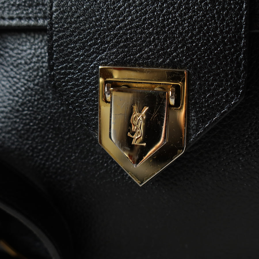 YSL Vintage Black Leather Gold Buckle Round Shoulder Flap Bag