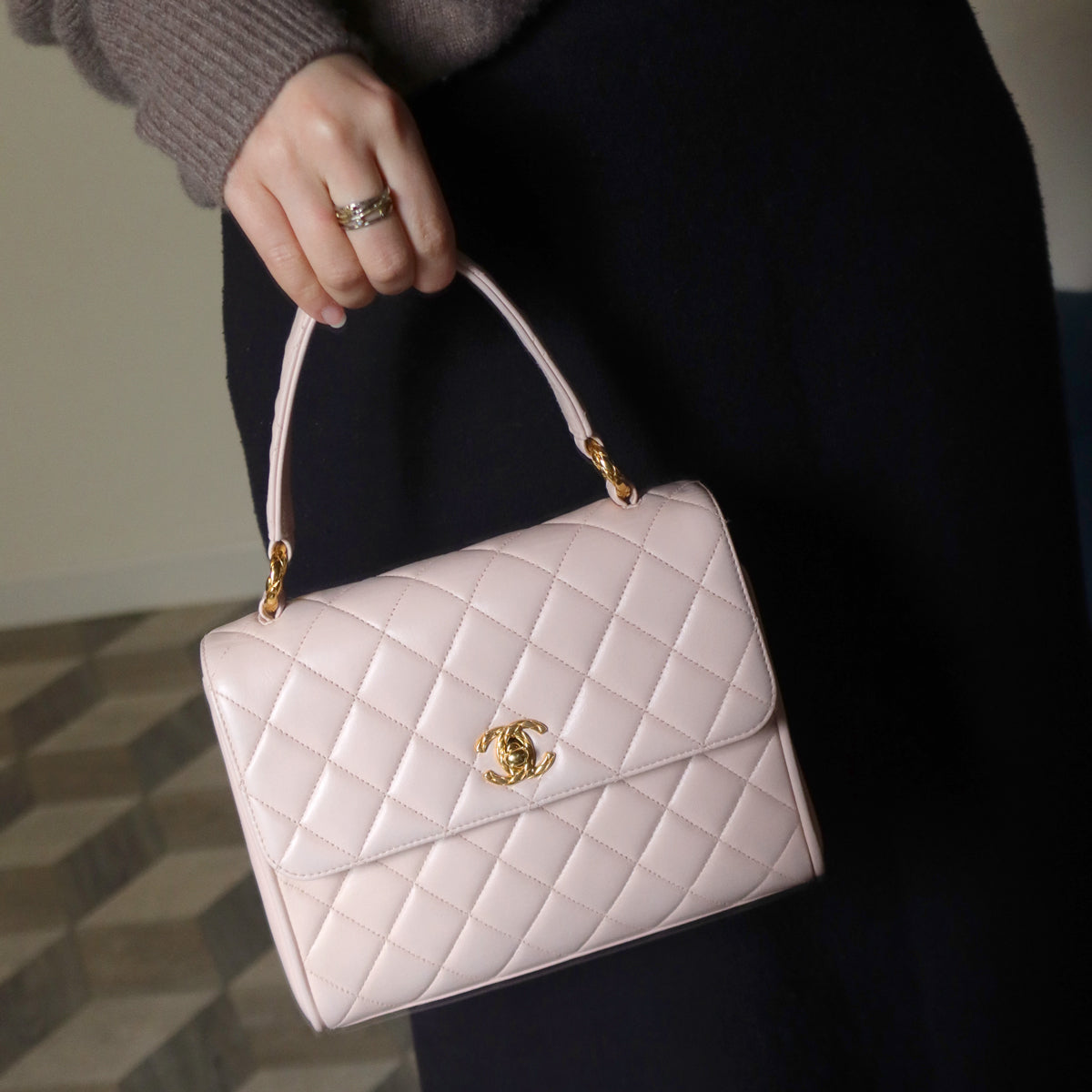 Rare Vintage Chanel Matelassé Pink Lambskin Leather CC Turn lock Top Handle Flap Bag