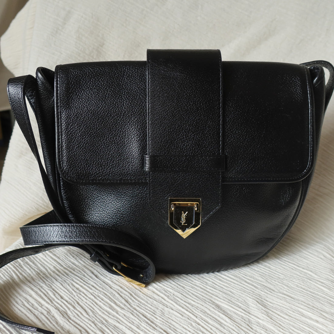 YSL Vintage Black Leather Gold Buckle Round Shoulder Flap Bag