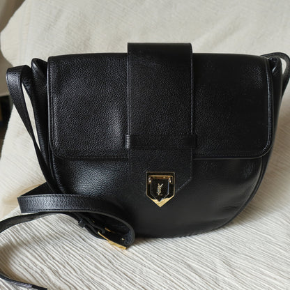 YSL Vintage Black Leather Gold Buckle Round Shoulder Flap Bag