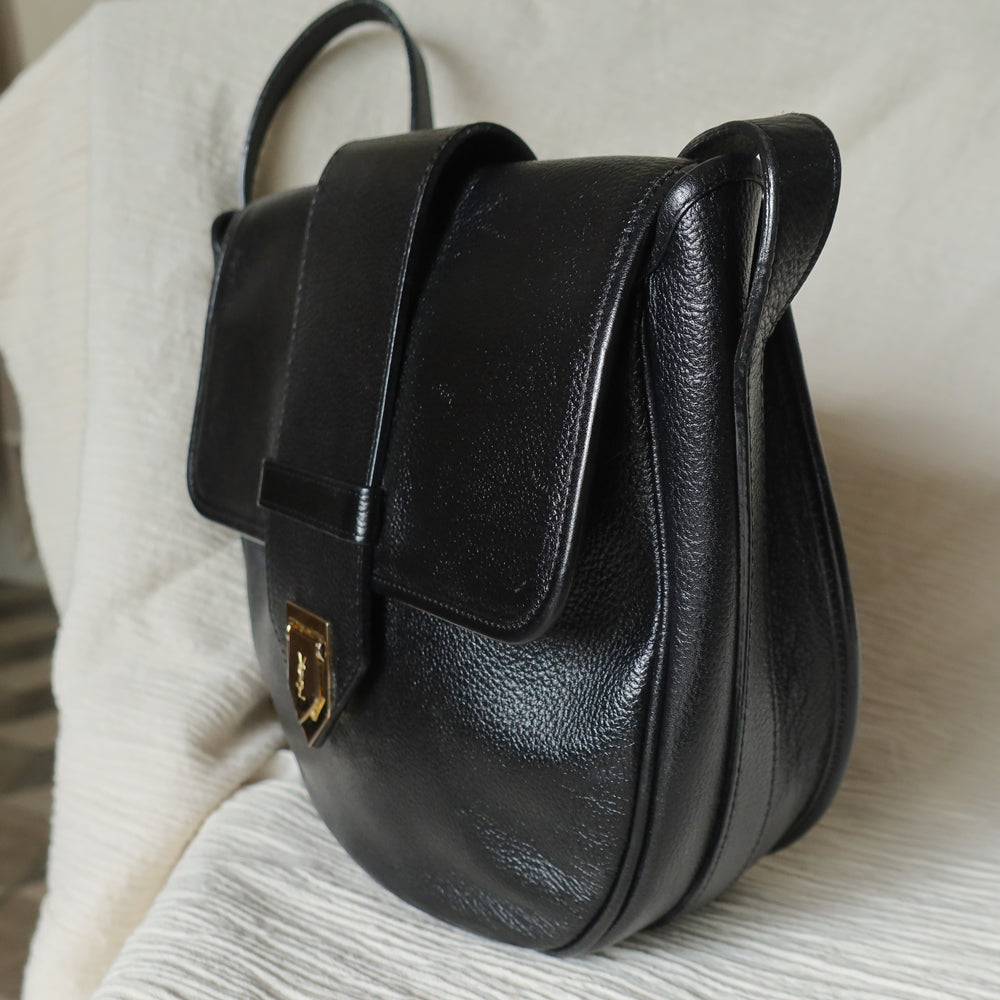 YSL Vintage Black Leather Gold Buckle Round Shoulder Flap Bag