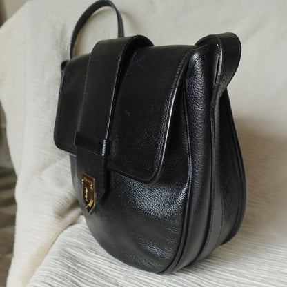 YSL Vintage Black Leather Gold Buckle Round Shoulder Flap Bag