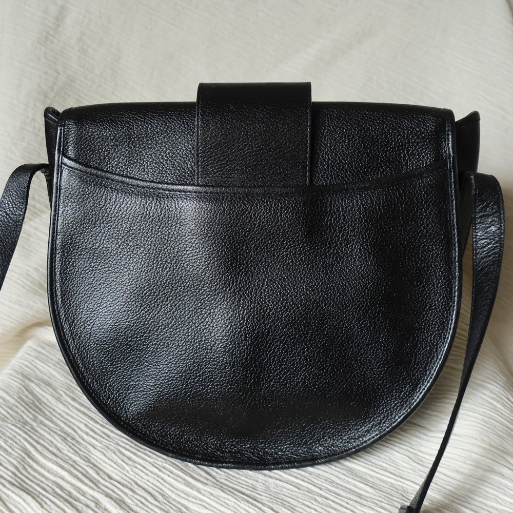 YSL Vintage Black Leather Gold Buckle Round Shoulder Flap Bag