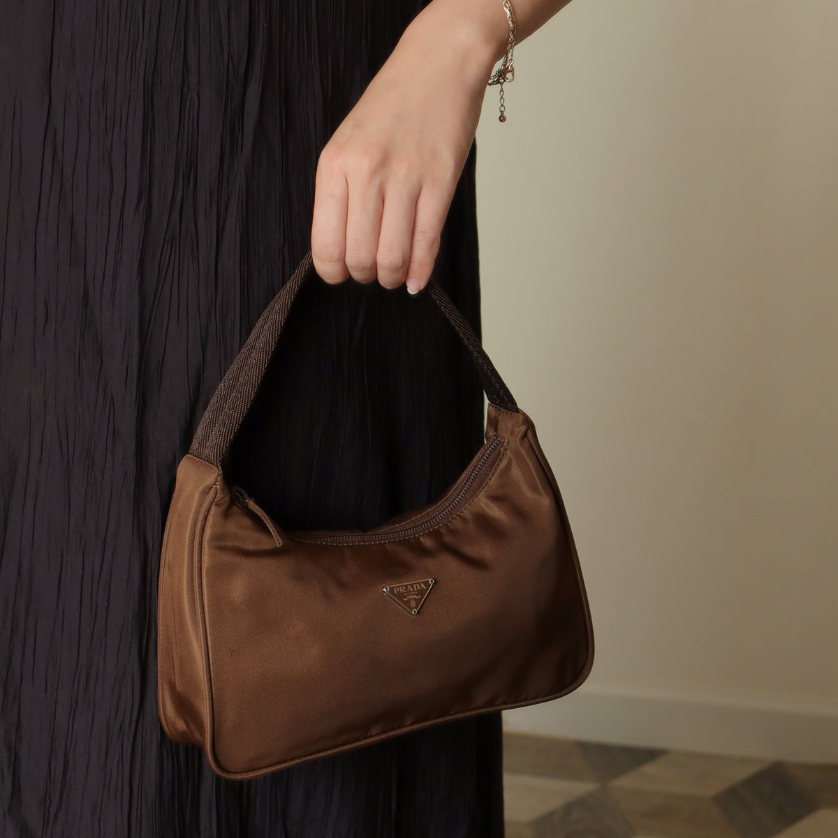 Prada Vintage Brown Nylon Tessuto Small Hobo Bag