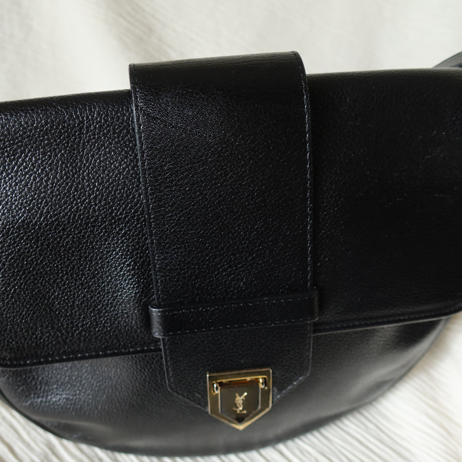 YSL Vintage Black Leather Gold Buckle Round Shoulder Flap Bag