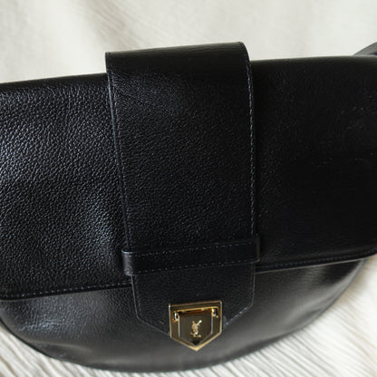 YSL Vintage Black Leather Gold Buckle Round Shoulder Flap Bag