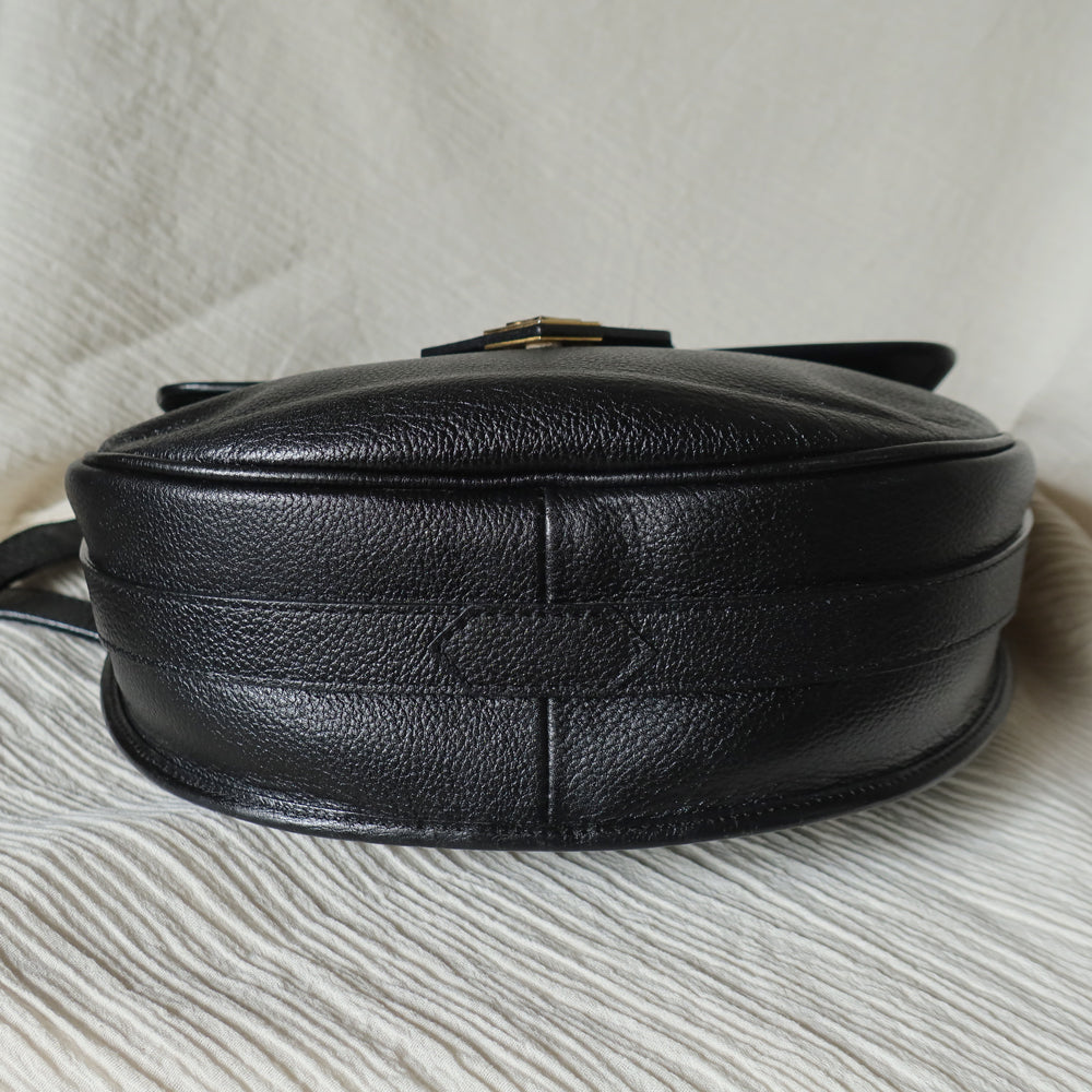 black leather backpack round flap YSL Vintage Black Leather Gold Buckle Round Shoulder Flap Bag