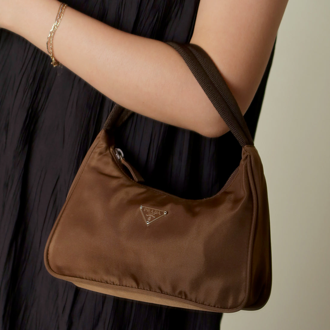 Prada Vintage Brown Nylon Tessuto Small Hobo Bag
