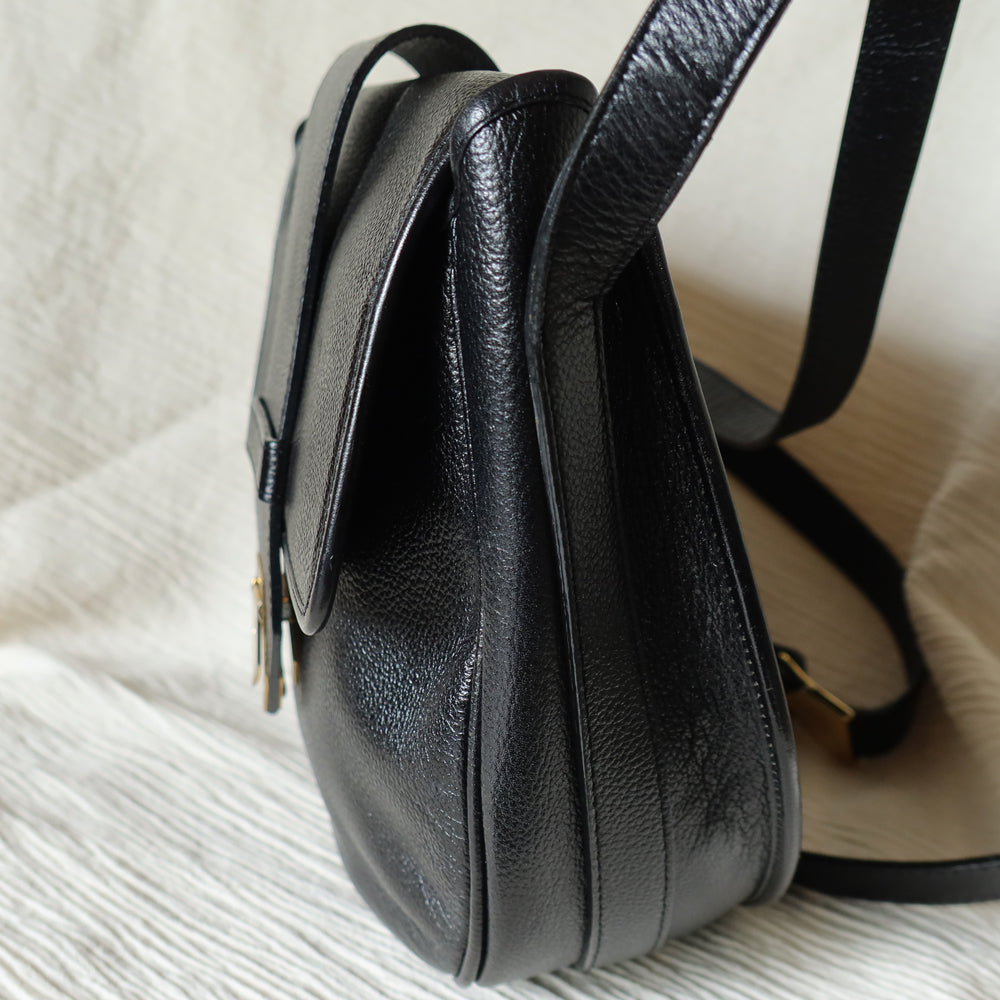 black leather backpack round flap YSL Vintage Black Leather Gold Buckle Round Shoulder Flap Bag