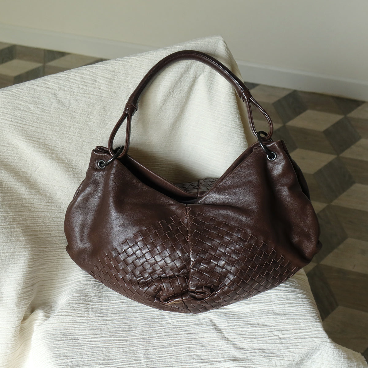 Rare Bottega Veneta Chocolate Brown Leather Intrecciato Weave Shoulder Bag