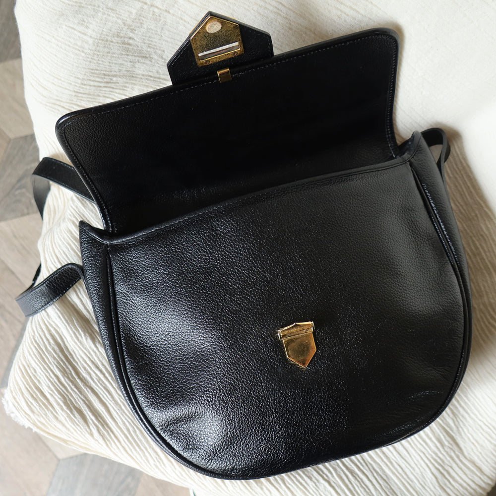 black leather backpack round flap YSL Vintage Black Leather Gold Buckle Round Shoulder Flap Bag