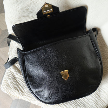 YSL Vintage Black Leather Gold Buckle Round Shoulder Flap Bag