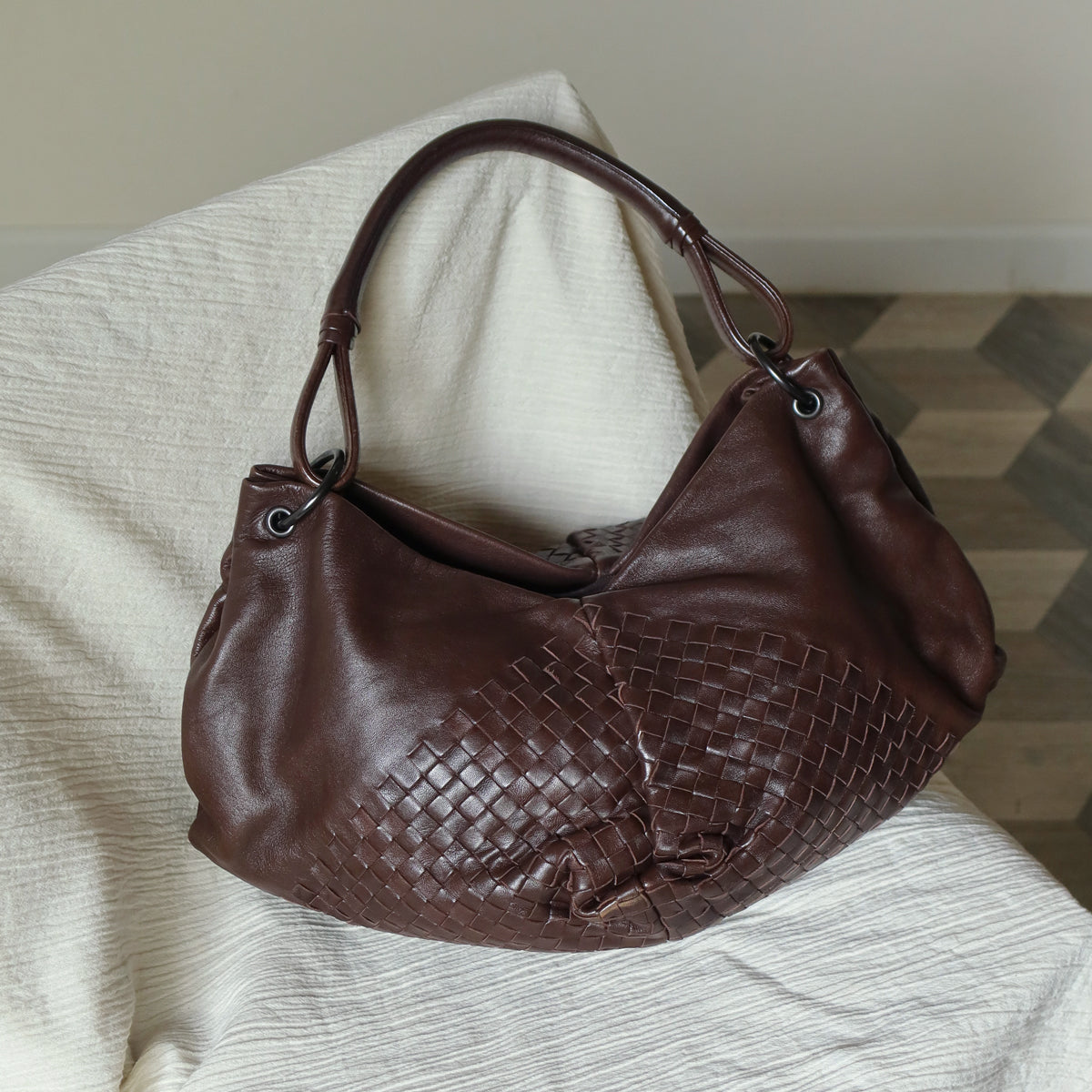 Rare Bottega Veneta Chocolate Brown Leather Intrecciato Weave Shoulder Bag