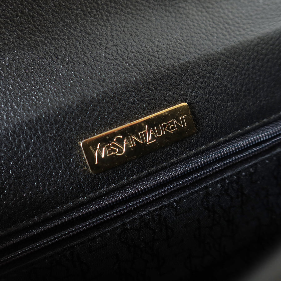 YSL Vintage Black Leather Gold Buckle Round Shoulder Flap Bag