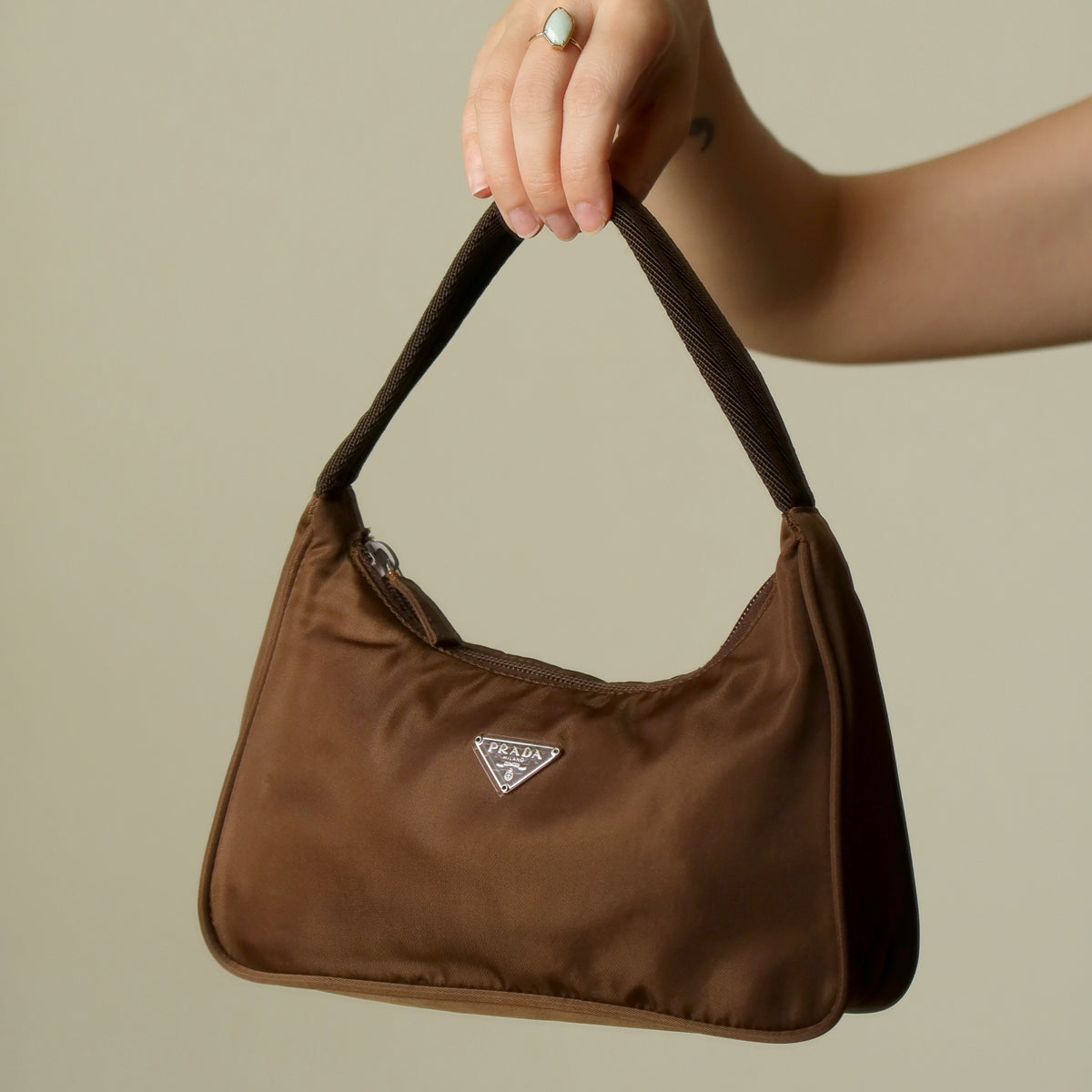 Prada Vintage Brown Nylon Tessuto Small Hobo Bag