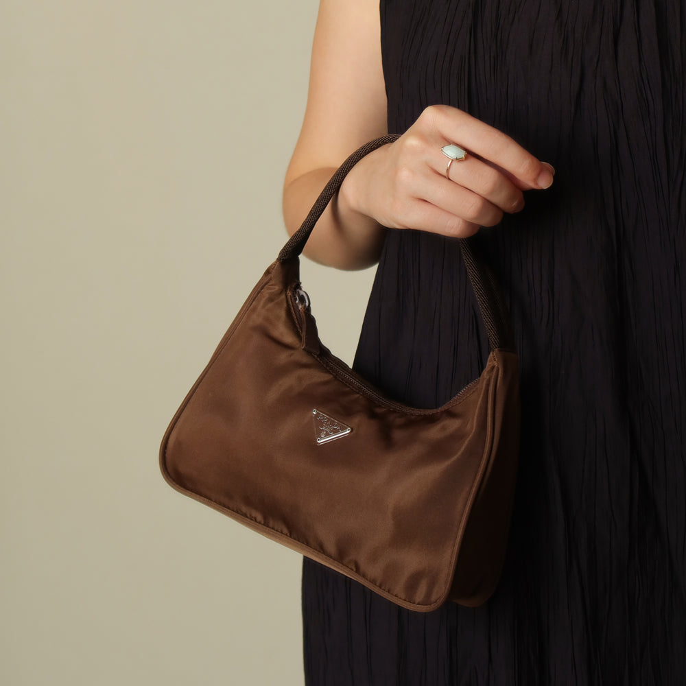 Prada Vintage Brown Nylon Tessuto Small Hobo Bag
