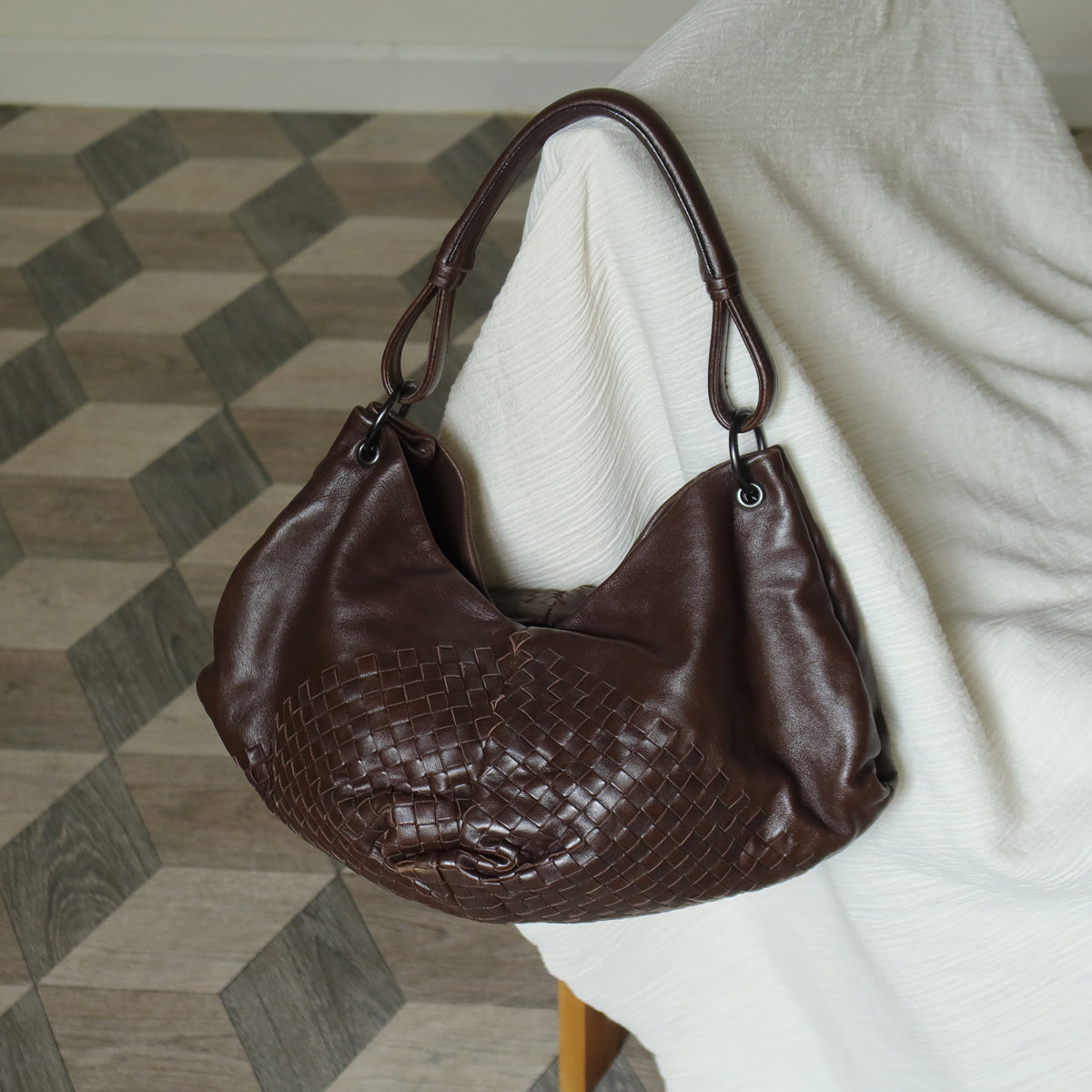 Rare Bottega Veneta Chocolate Brown Leather Intrecciato Weave Shoulder Bag