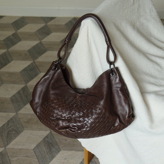 Rare Bottega Veneta Chocolate Brown Leather Intrecciato Weave Shoulder Bag