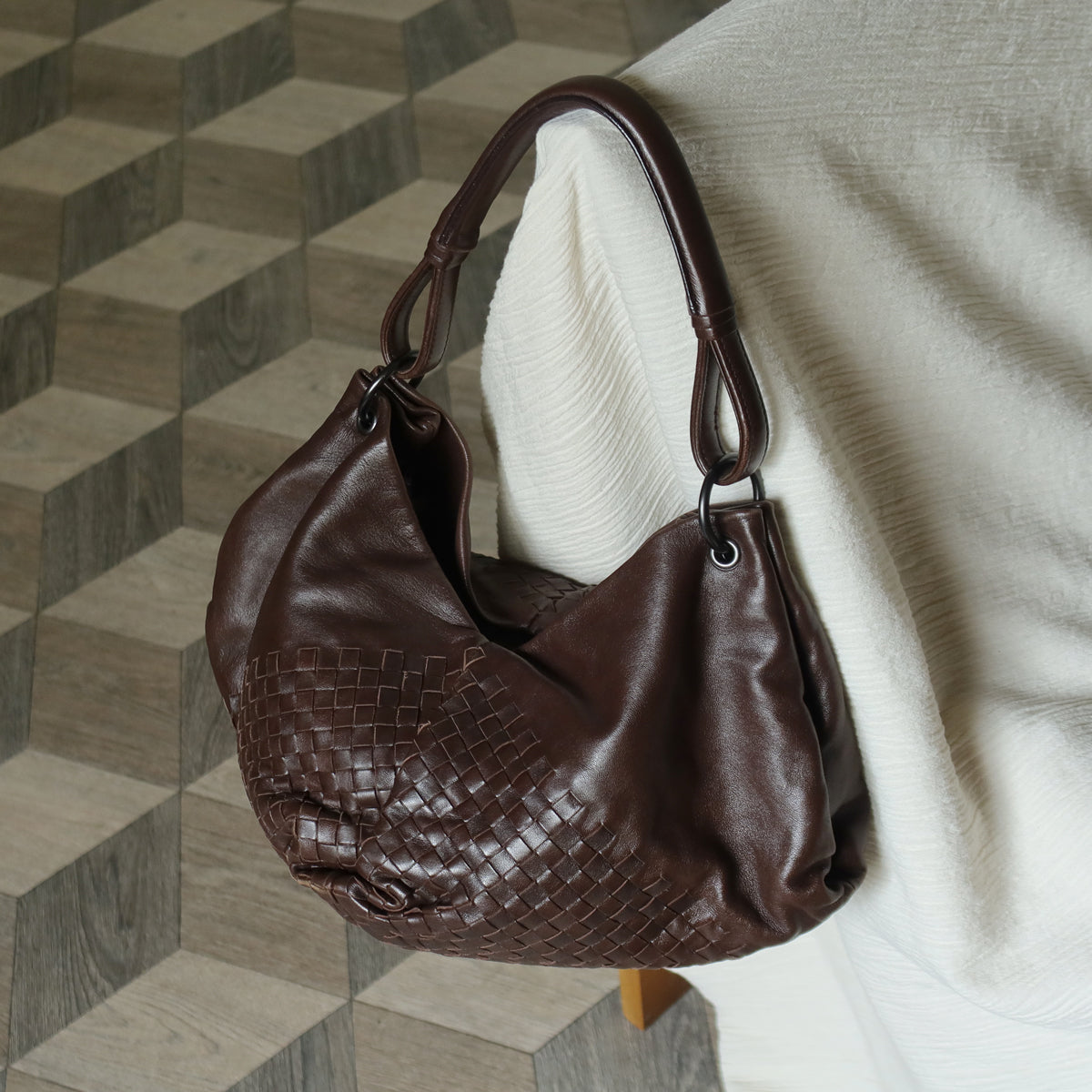 Rare Bottega Veneta Chocolate Brown Leather Intrecciato Weave Shoulder Bag
