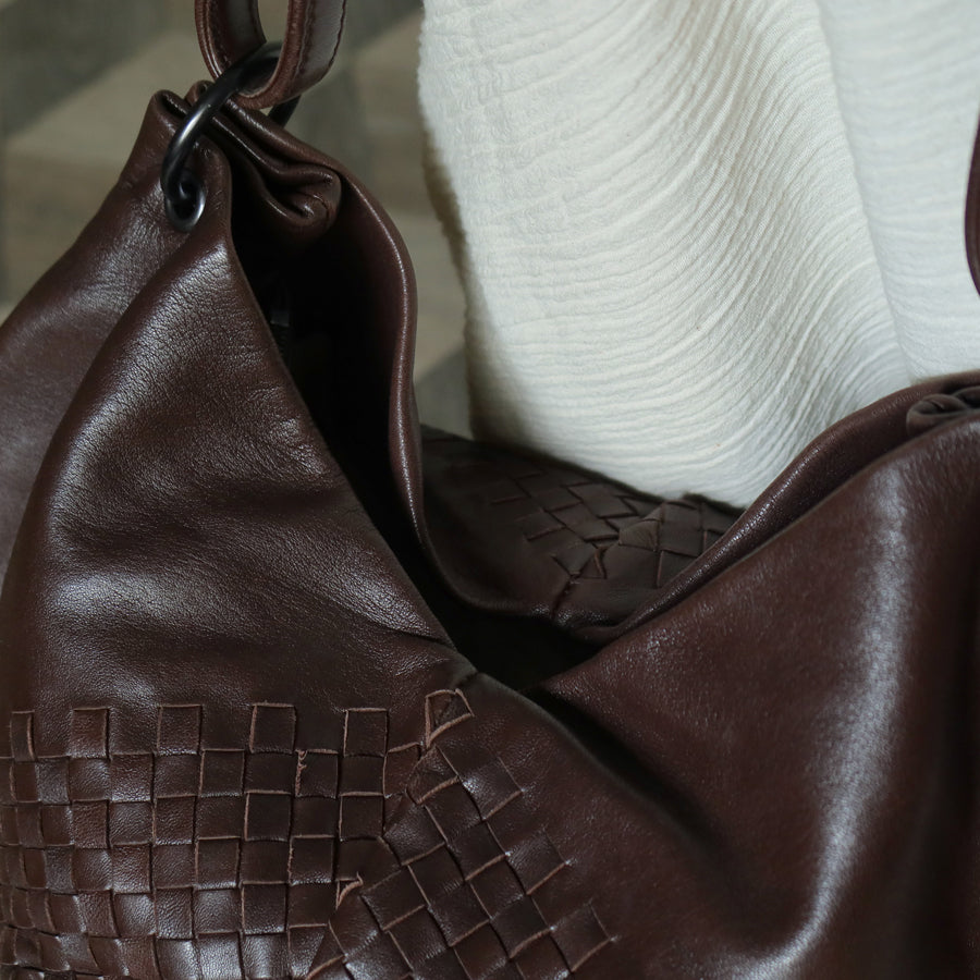 Rare Bottega Veneta Chocolate Brown Leather Intrecciato Weave Shoulder Bag