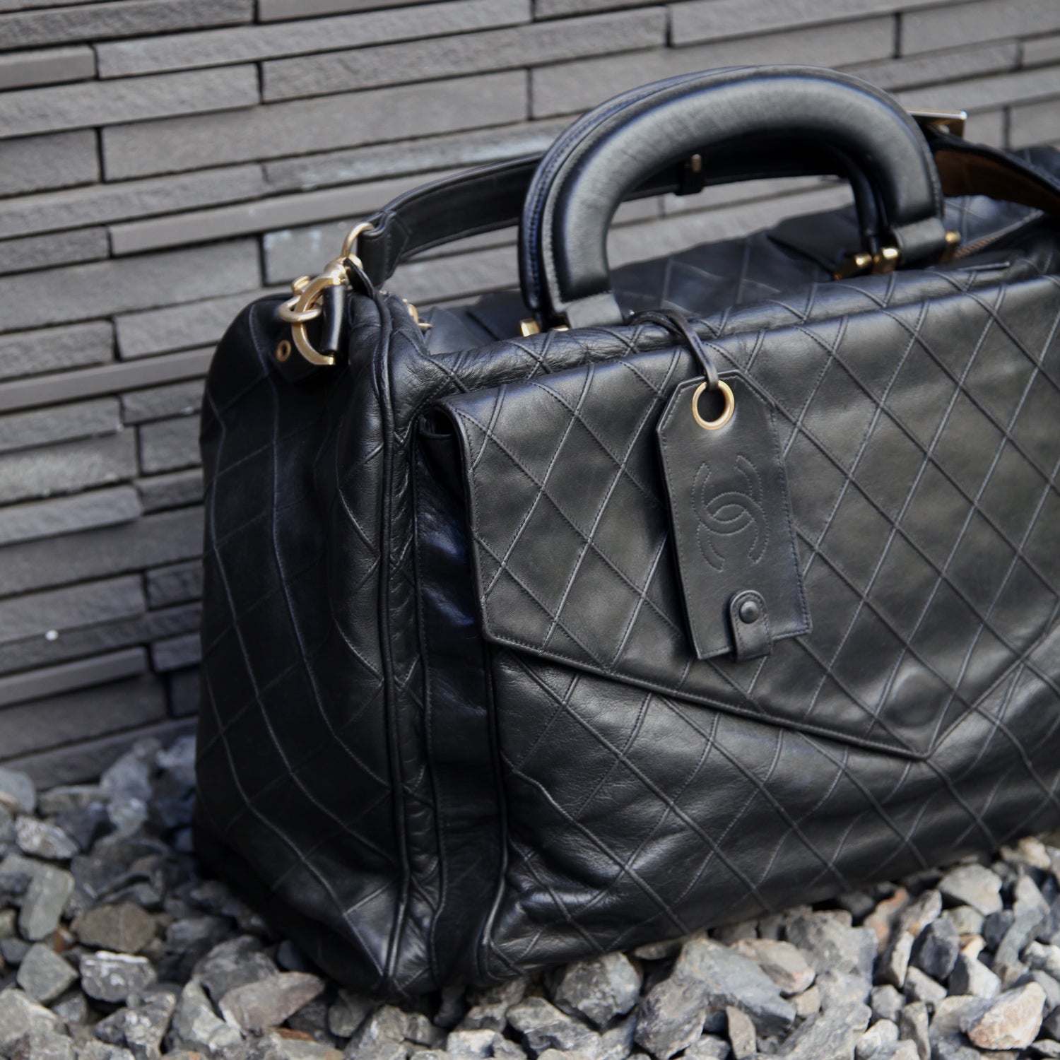Chanel Rare Vintage Black Matelasse Travel Duffle Weekend Bag
