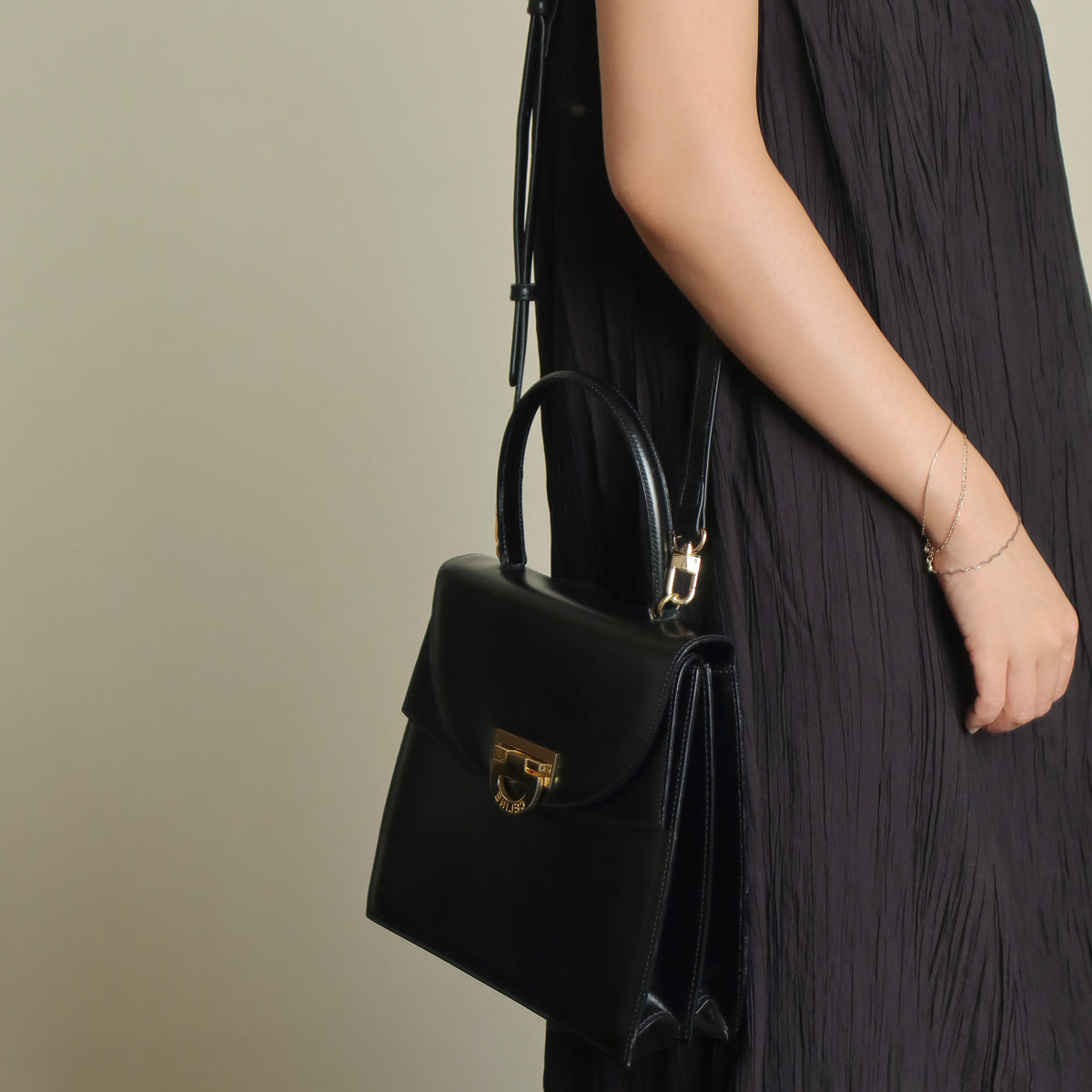 Celine Vintage Black Leather Gold Buckle Double Flap 2 way Bag