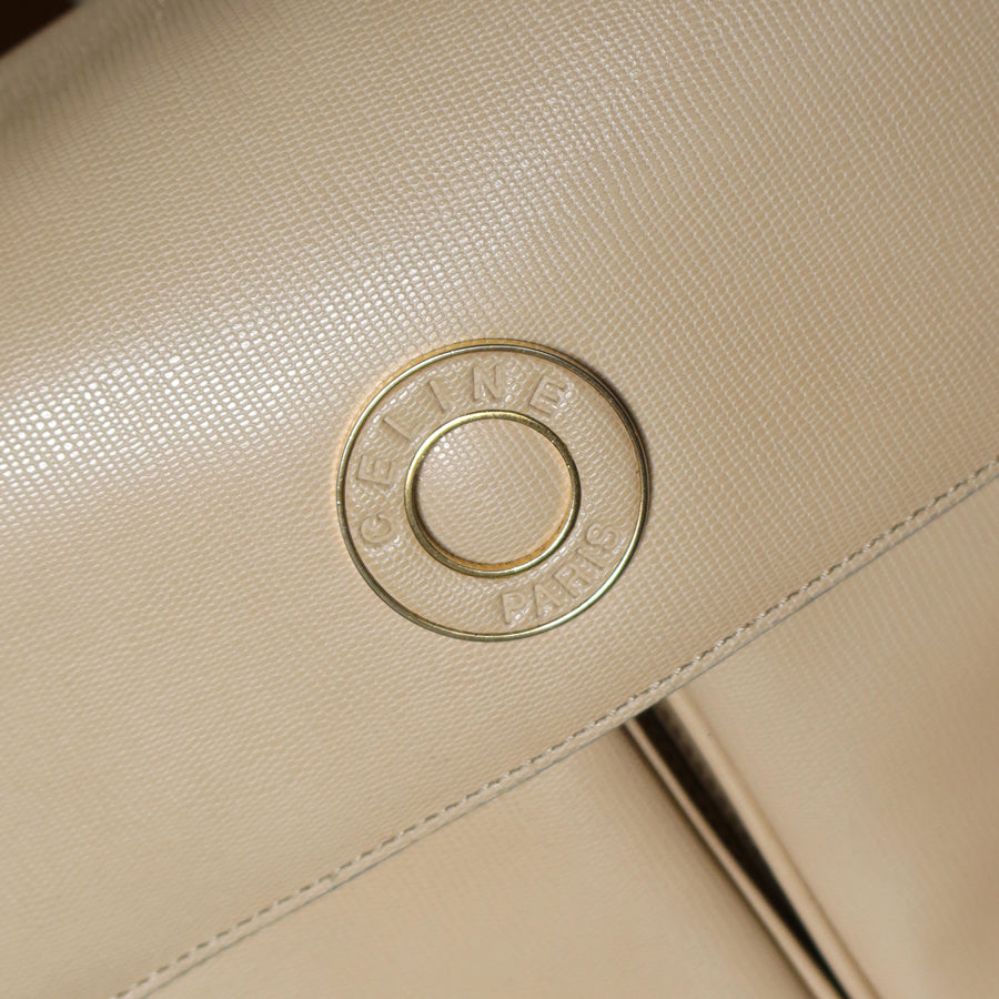 Celine Vintage Cream Bisque Pebbled Leather Celine Ring Crossbody Top Handle Bag