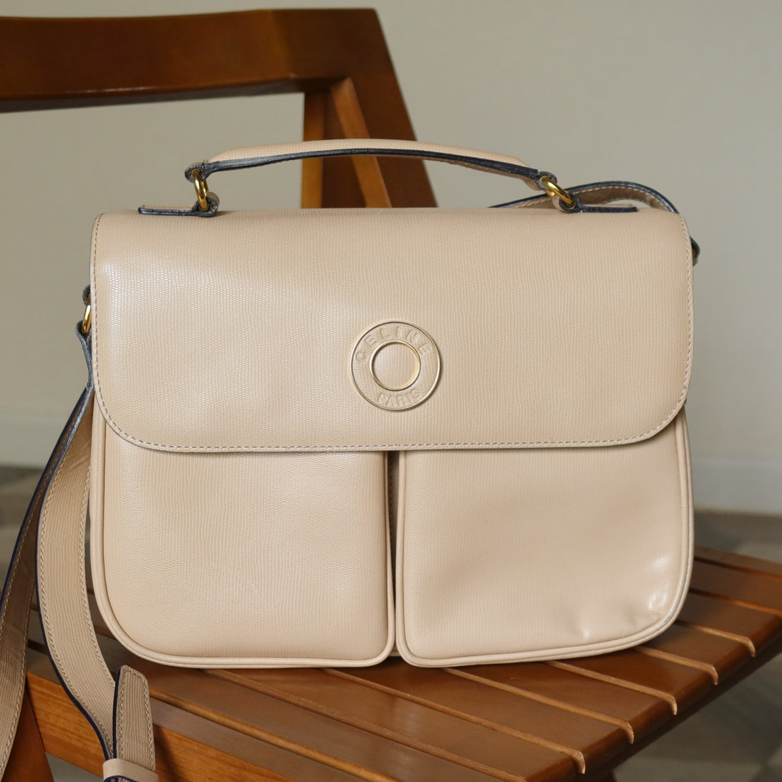 Celine Vintage Cream Bisque Pebbled Leather Celine Ring Crossbody Top Handle Bag