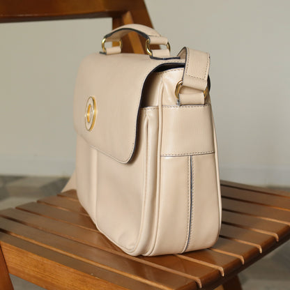 Celine Vintage Cream Bisque Pebbled Leather Celine Ring Crossbody Top Handle Bag