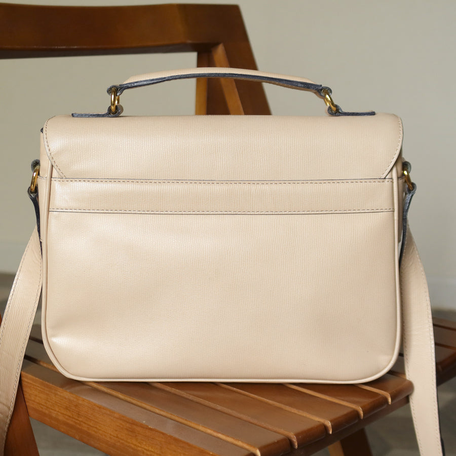 Celine Vintage Cream Bisque Pebbled Leather Celine Ring Crossbody Top Handle Bag