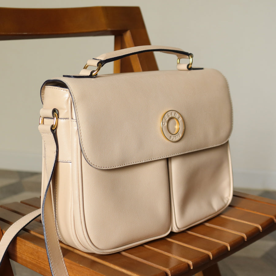 Celine Vintage Cream Bisque Pebbled Leather Celine Ring Crossbody Top Handle Bag