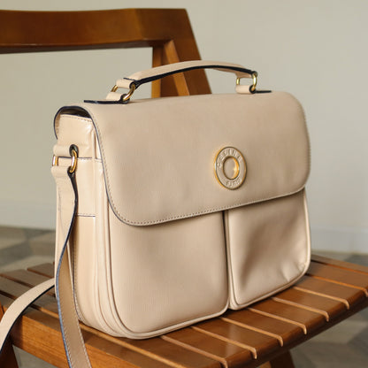 Celine Vintage Cream Bisque Pebbled Leather Celine Ring Crossbody Top Handle Bag