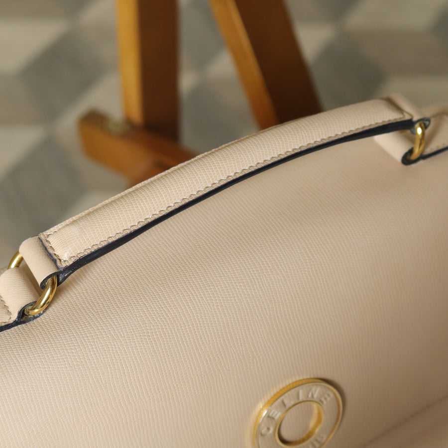 Celine Vintage Cream Bisque Pebbled Leather Celine Ring Crossbody Top Handle Bag