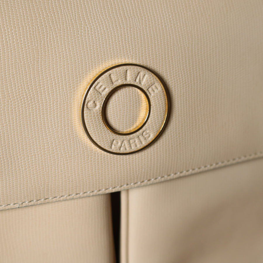 Celine Vintage Cream Bisque Pebbled Leather Celine Ring Crossbody Top Handle Bag