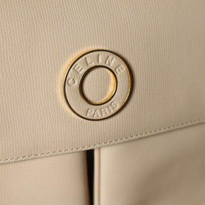 Celine Vintage Cream Bisque Pebbled Leather Celine Ring Crossbody Top Handle Bag