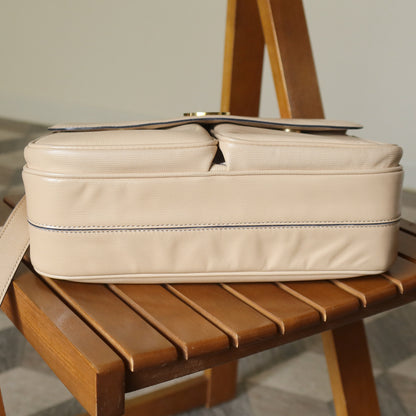 Celine Vintage Cream Bisque Pebbled Leather Celine Ring Crossbody Top Handle Bag