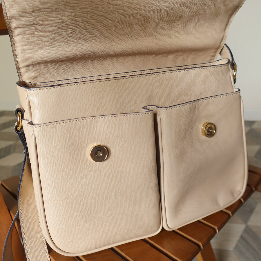 Celine Vintage Cream Bisque Pebbled Leather Celine Ring Crossbody Top Handle Bag