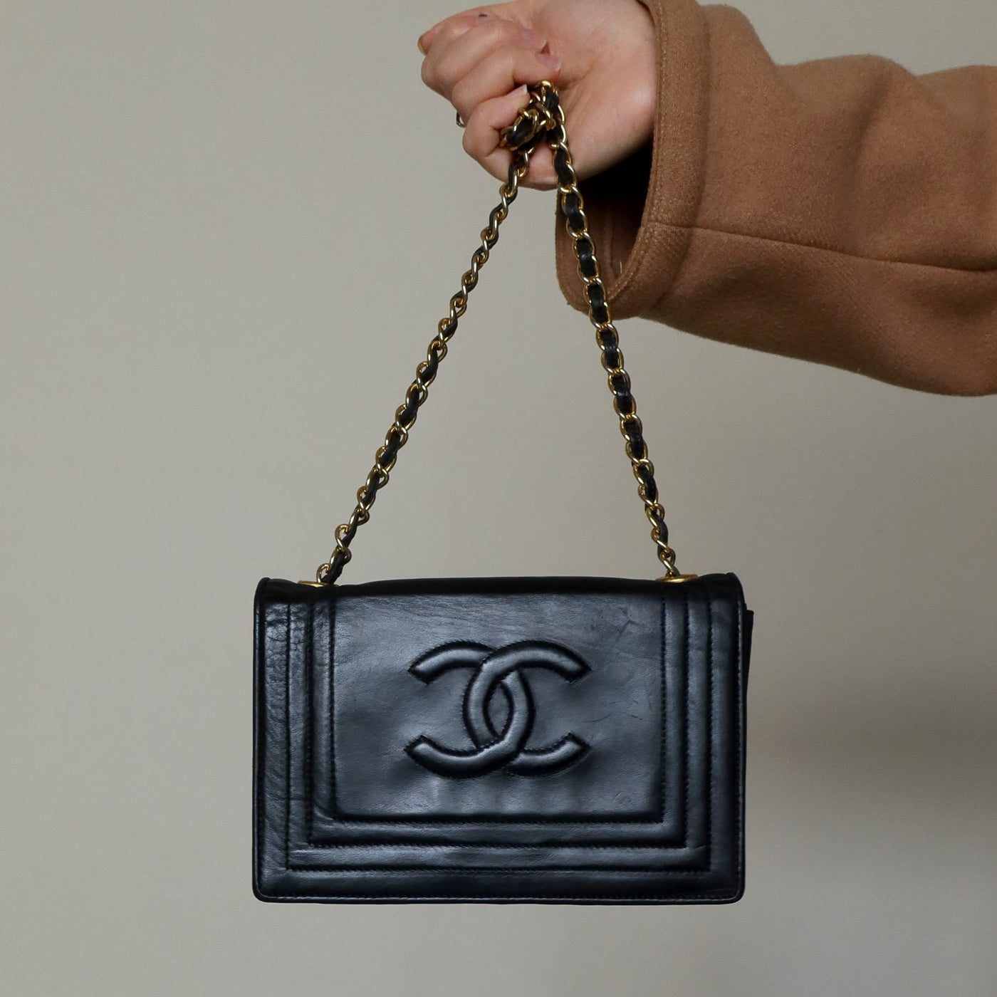 Chanel Vintage Stitched CC mark Black Lambskin Flap Bag