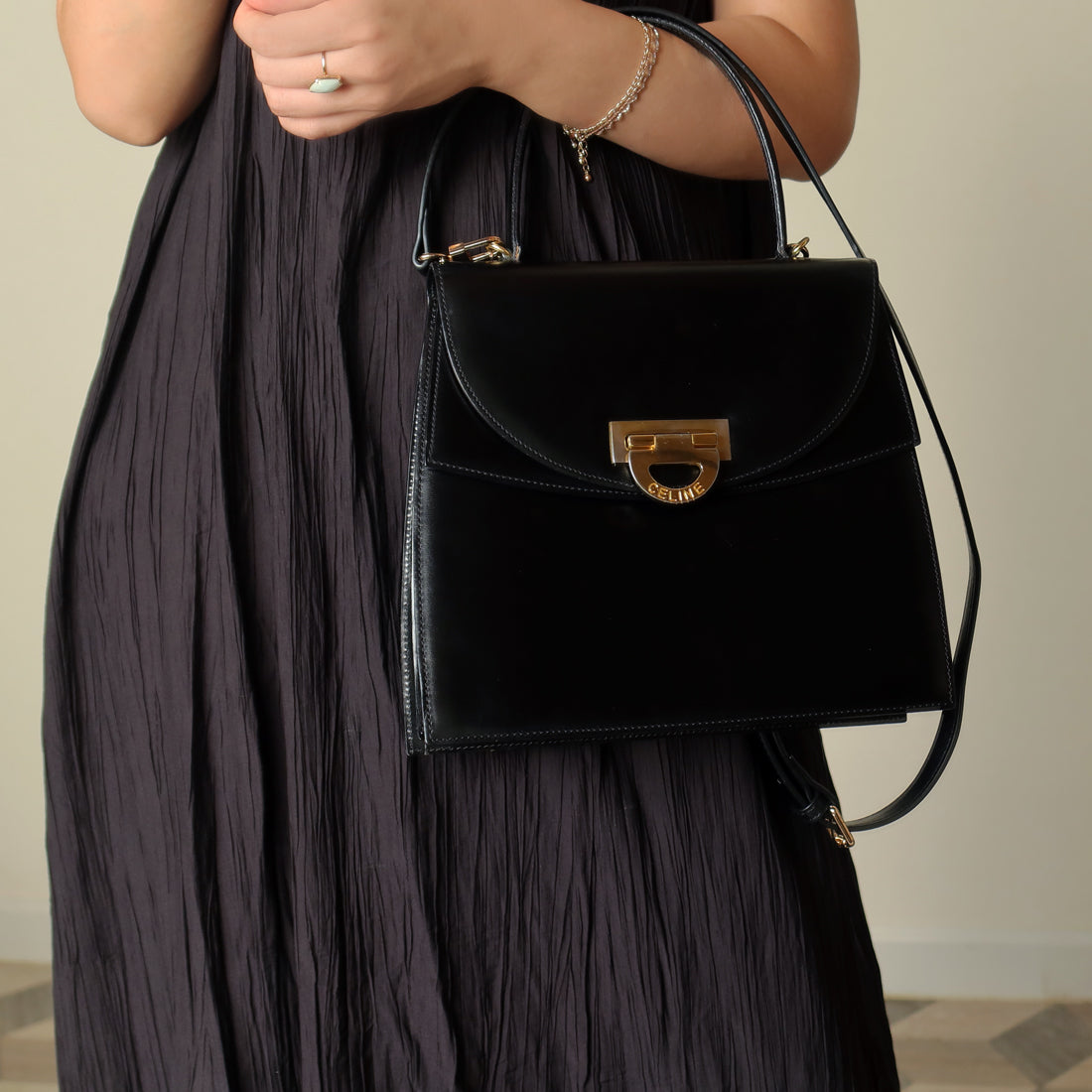 Celine Vintage Black Leather Gold Buckle Double Flap 2 way Bag