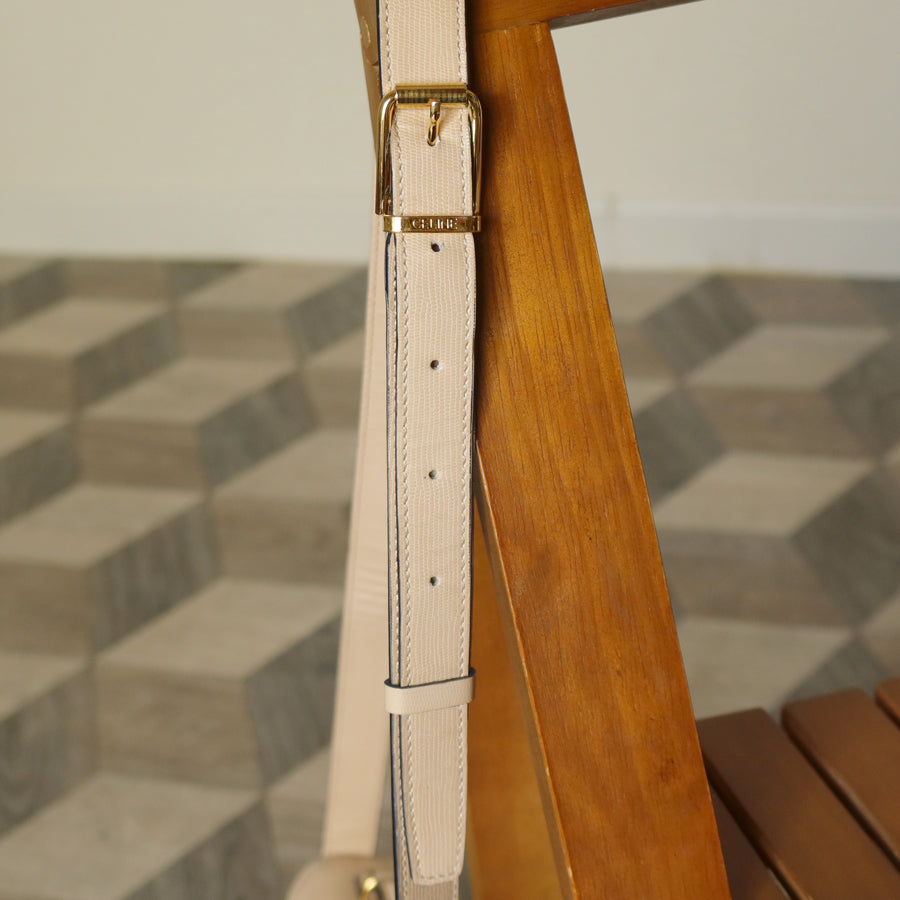 Celine Vintage Cream Bisque Pebbled Leather Celine Ring Crossbody Top Handle Bag
