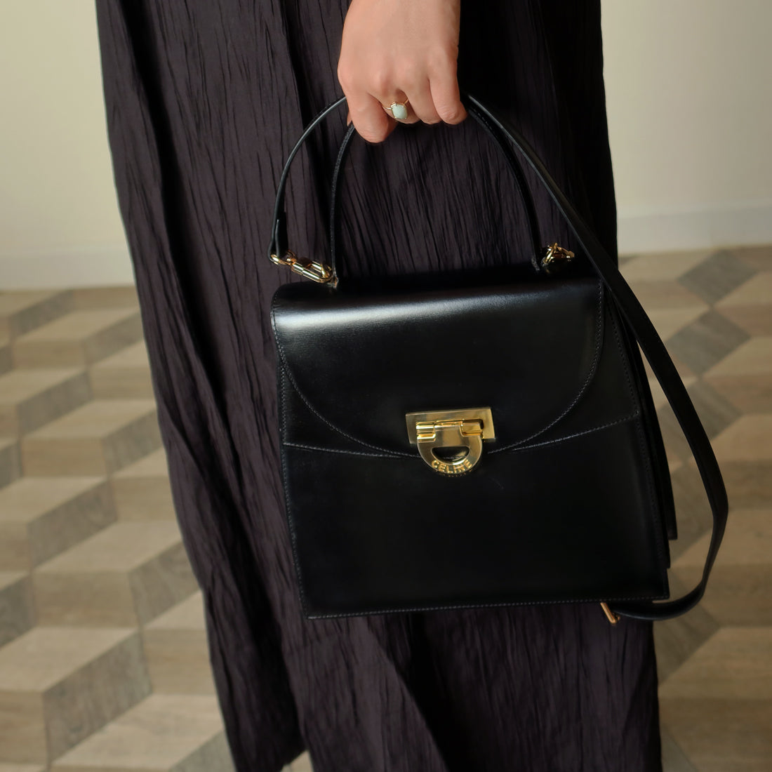 Celine Vintage Black Leather Gold Buckle Double Flap 2 way Bag