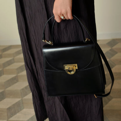 Celine Vintage Black Leather Gold Buckle Double Flap 2 way Bag
