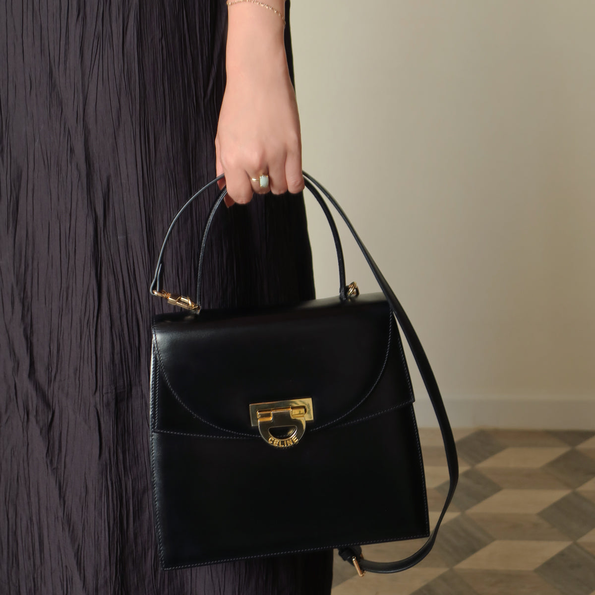 Celine Vintage Black Leather Gold Buckle Double Flap 2 way Bag