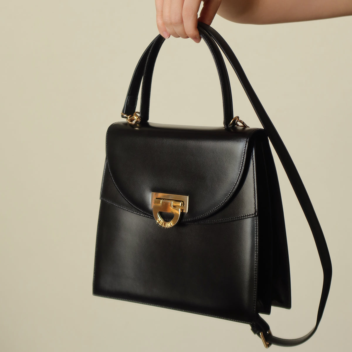Celine Vintage Black Leather Gold Buckle Double Flap 2 way Bag