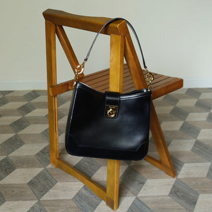 Celine Vintage Classic Black Leather Gancini Gold Buckle Shoulder Bag M
