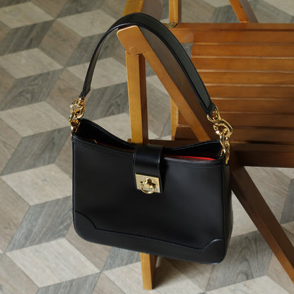 Celine Vintage Classic Black Leather Gancini Gold Buckle Shoulder Bag M